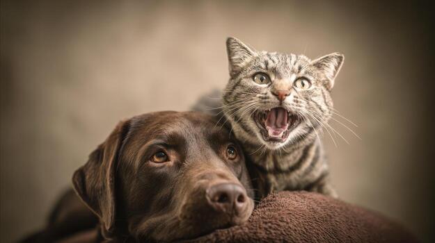 Dog and cat portrait showing companionship and different facial expressions photo