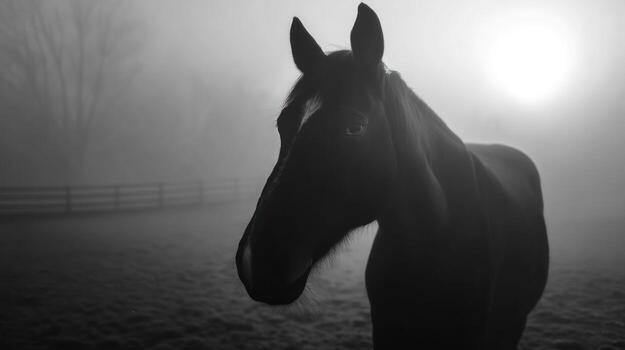 Silhouette of horse in misty atmosphere with sunlight background photo