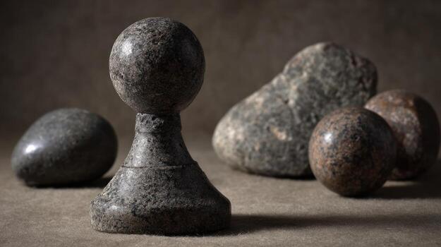 Stone sphere and rocks sculptural forms on a dark background photo