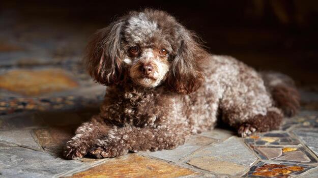 Brown poodle dog relaxing indoors on a patterned tile floor photo