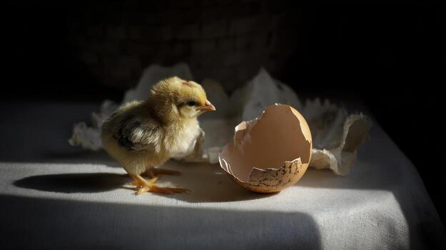 Baby chick next to a cracked eggshell on a white table with soft lighting photo