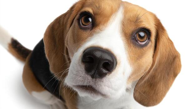 Close up of beagle dog with brown eyes and white background photo