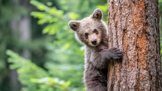 Curious bear cub climbing a tree in a forest environment photo