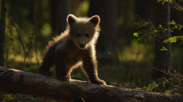 Adorable bear cub on log in sunlit forest environment photo