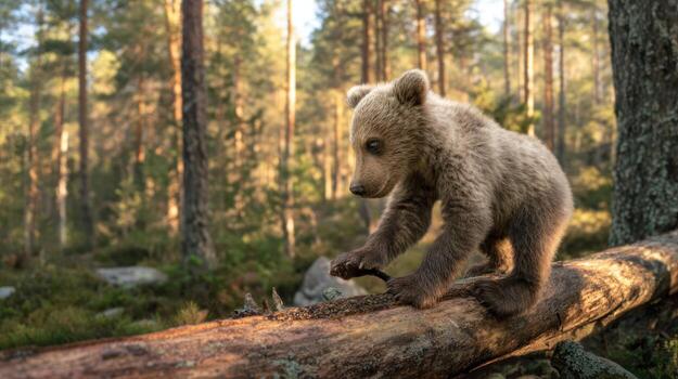 marrón oso cachorro explorador un caído árbol Iniciar sesión en un iluminado por el sol bosque ajuste foto