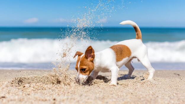Dog digging in the sand on a sunny beach with ocean background photo
