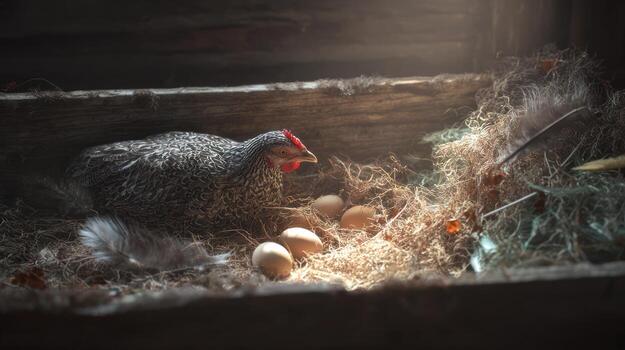 Chicken in nest with eggs natural light rustic scene copy space photo