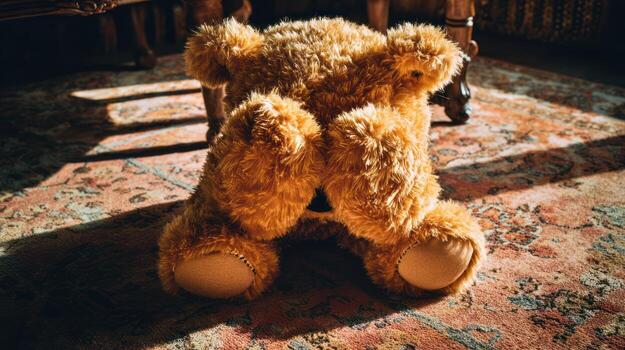 Overhead shot of plush teddy bear on patterned rug indoors photo