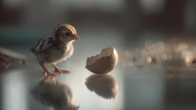 Newborn chick stands near broken eggshell on reflective surface photo