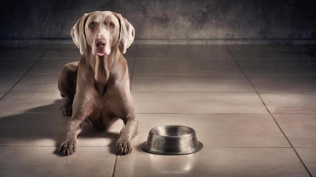 Elegant weimaraner dog posing with empty bowl on textured floor photo