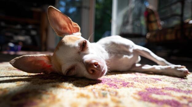Chihuahua dog relaxing indoors with sunlight on patterned carpet photo