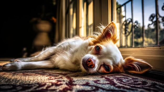 Chihuahua dog relaxing on carpet near window with sunlight photo