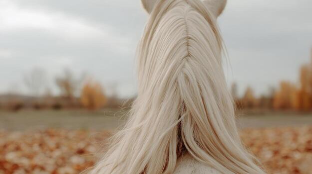 Close up view of a white horses mane with an autumn background photo