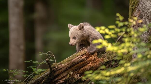 Brown bear cub perched on a tree in a natural forest environment photo
