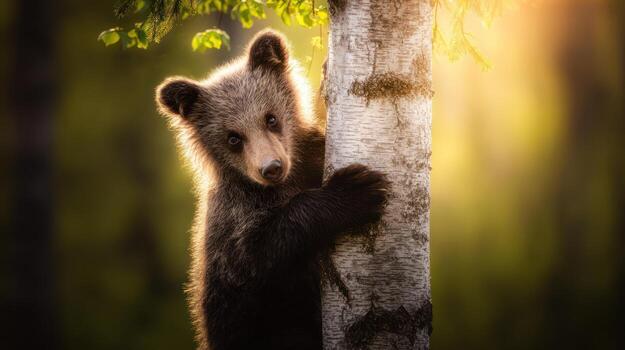 Adorable brown bear cub hugging a tree in a sunlit natural environment photo