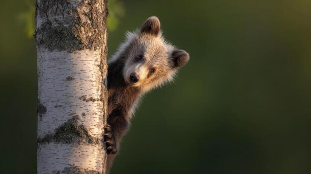 Curious bear cub climbing a tree soft sunlight blurred background photo