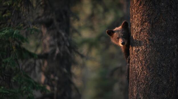 Brown bear cub peeking from behind tree trunk in forest sunlight photo