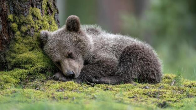 Sleeping bear cub resting against tree trunk in forest environment photo
