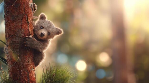 curioso oso cachorro alpinismo un árbol en natural bosque ambiente foto