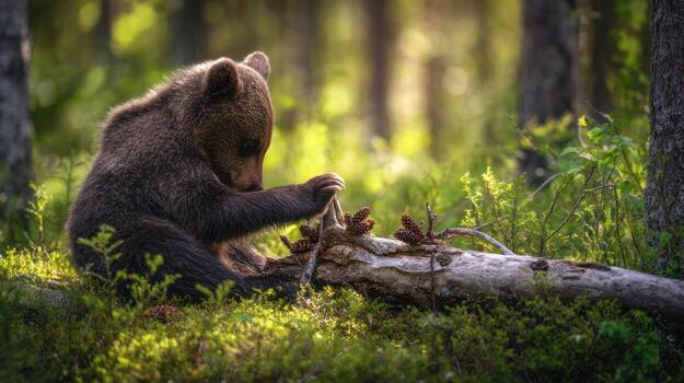 marrón oso cachorro en bosque ambiente sentado cerca un caído Iniciar sesión foto