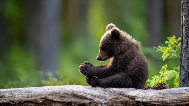 adorable marrón oso cachorro sentado en un Iniciar sesión en un iluminado por el sol bosque ambiente foto