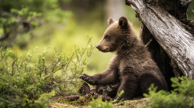 Brown bear cub resting near a tree trunk in a lush green forest photo