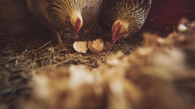 Chickens inspecting eggshells in a rustic setting with natural lighting photo