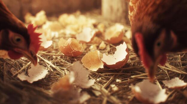 Two hens feeding on broken eggshells in rustic farm setting photo