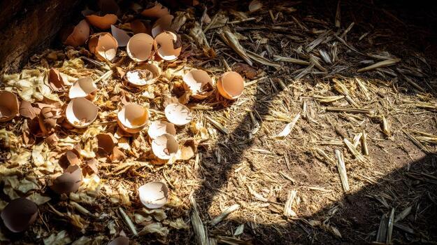 Eggshells on straw bedding in a rustic environment under natural sunlight photo
