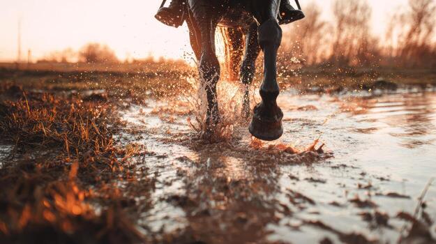 Horse galloping through water at sunset creating splash effect photo