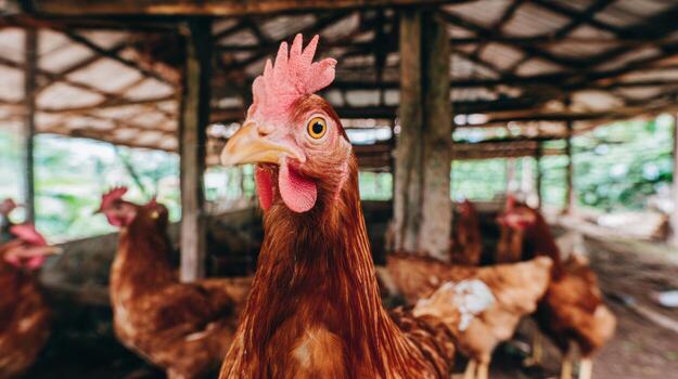 Close up of a brown chicken in a farm setting looking at the camera photo