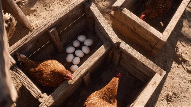 Chickens nesting in wooden boxes with fresh eggs day scene overhead view photo