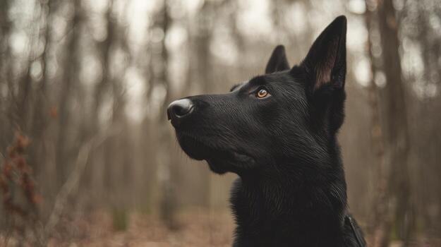 negro alemán pastor perro perfil en bosque con bokeh antecedentes foto