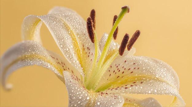 Close up view of a white lily with water droplets yellow background photo