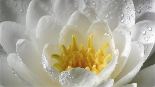 White water lily bloom close up with water droplets soft texture floral design photo