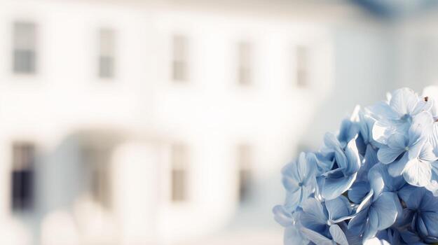 Blue hydrangea flowers in bloom with blurred white building background photo
