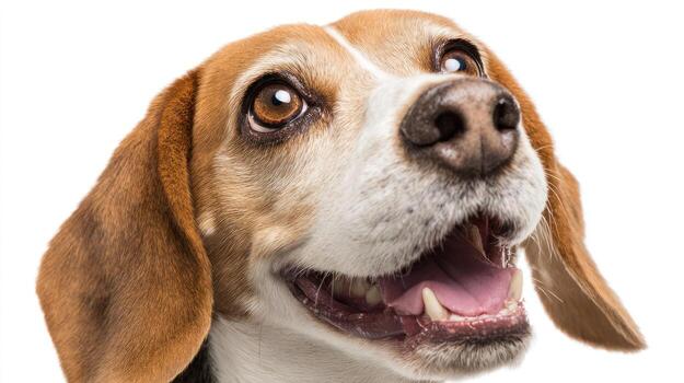 Smiling beagle dog portrait isolated on white background close up photo