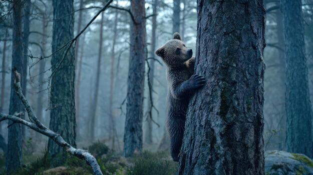 curioso oso cachorro alpinismo árbol en un lozano bosque ambiente foto