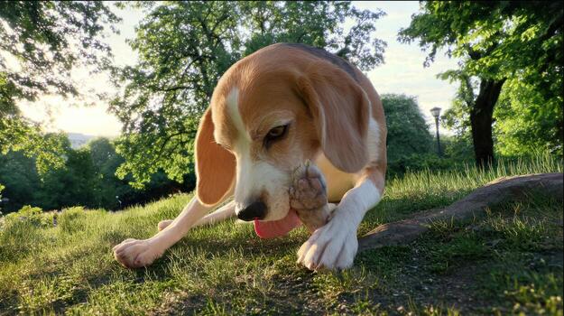 Beagle dog in grassy environment with blurred background photo