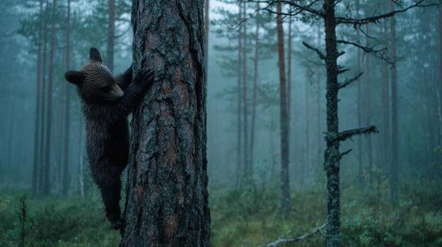 Brown bear cub climbing tree in misty forest environment photo