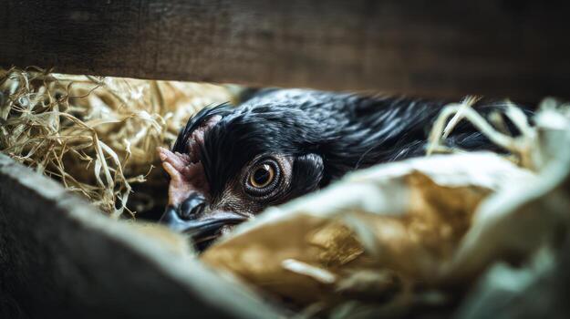 Close up of a chicken in a nest with hay selective focus and dark lighting photo
