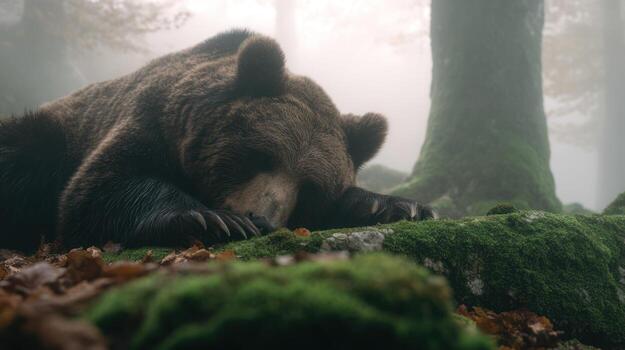 Brown bear resting in a foggy forest environment with soft lighting photo