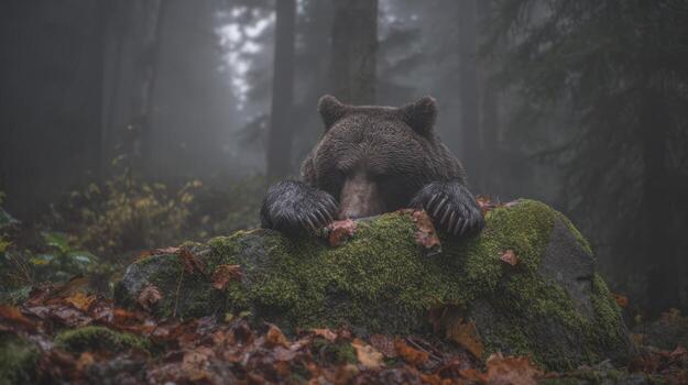 Brown bear resting on mossy rock in a misty forest environment photo
