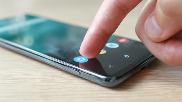 Close up of hand touching smartphone screen with icons on wooden surface photo