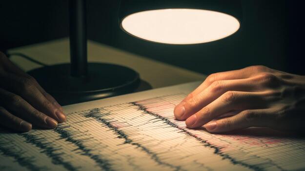 Hands over graph paper under a desk lamp in a dimly lit environment photo