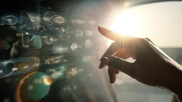 Human hand interacting with virtual interface illuminated by sunlight photo