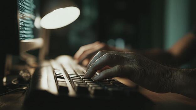 Hands typing on keyboard under lamp working with data on computer screen photo