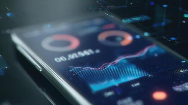 Smartphone displaying data analysis charts in modern technology environment photo