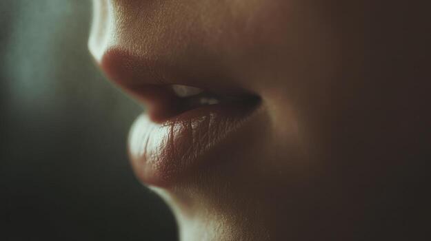 Close up of human lips showing detailed texture in low key lighting photo