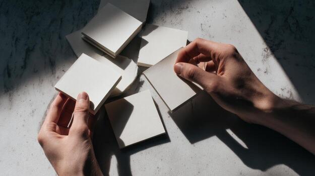 Hands arranging blank square papers on a light surface overhead daylight photo